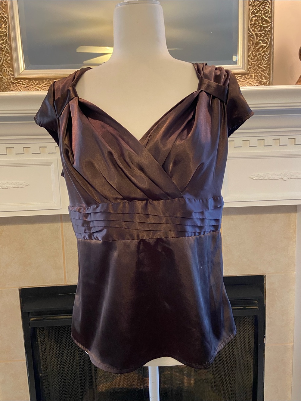 Chadwicks Satin Cap-Sleeve Wrap Top in Chocolate Brown
